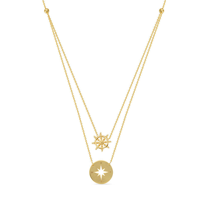 Ship's Wheel and Compass Double Strand Necklace in 14K Gold