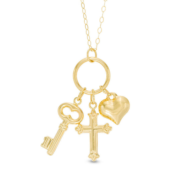 Heart, Cross and Key Charm Pendant in 10K Gold