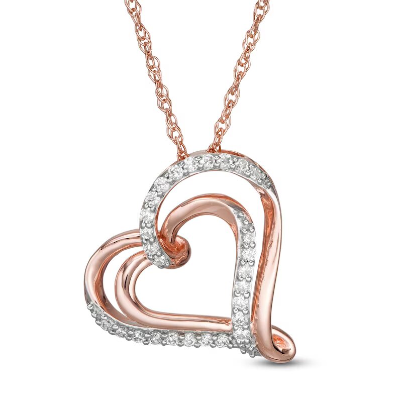 1/4 CT. T.W. Diamond Tilted Double Heart Pendant in 10K Rose Gold