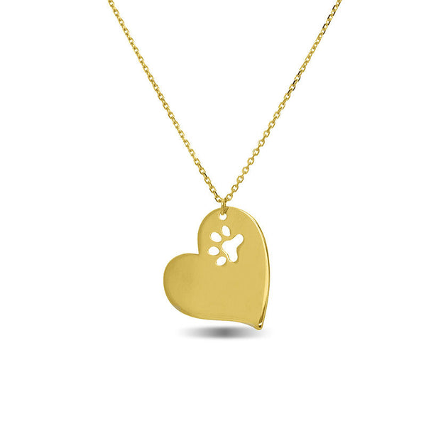 Dog Paw Print Cutout Tilted Heart Pendant in 14K Gold