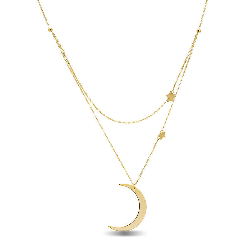 Double Star and Crescent Moon Double Strand Pendant in 14K Gold