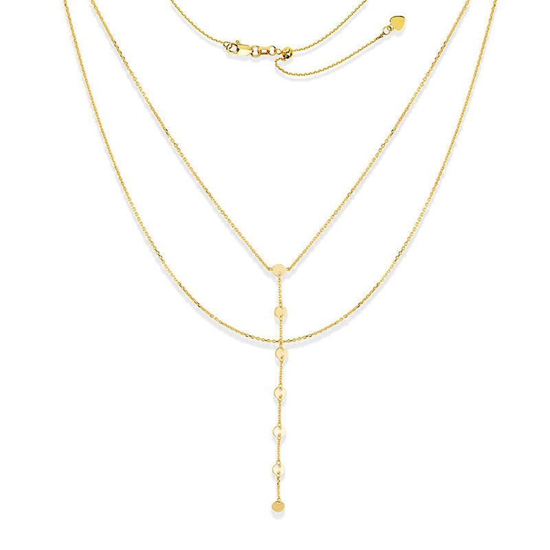 Disc Station Double Strand "Y" Choker Necklace in 14K Gold - 17"