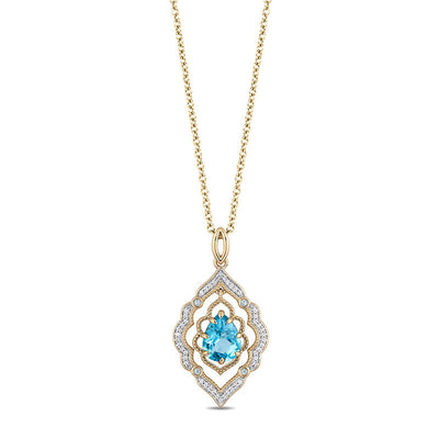 Enchanted Disney Aladdin Pear-Shaped Swiss Blue Topaz and 1/15 CT. T.W. Diamond Arabesque Frame Pendant in 10K Gold