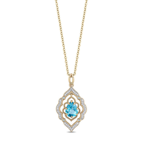 Enchanted Disney Aladdin Pear-Shaped Swiss Blue Topaz and 1/15 CT. T.W. Diamond Arabesque Frame Pendant in 10K Gold