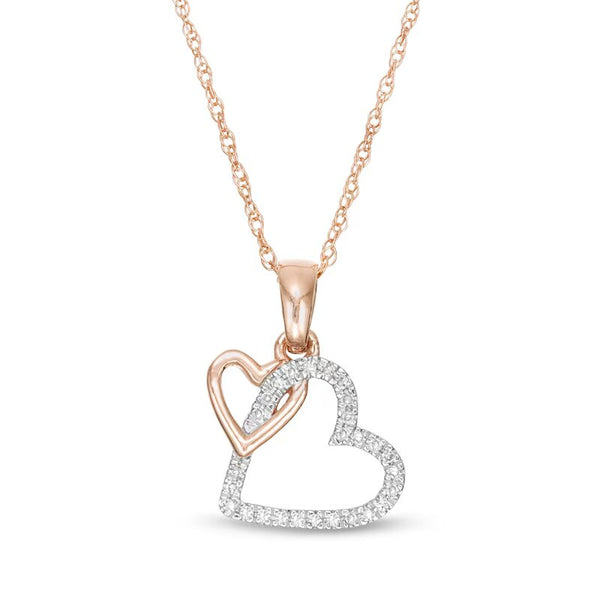 1/20 CT. T.W. Diamond Interlocking Double Tilted Heart Pendant in 10K Rose Gold