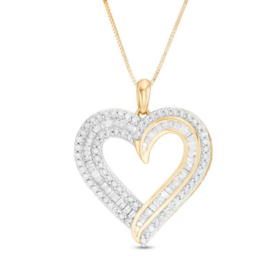 1 CT. T.W. Baguette and Round Diamond Double Row Heart Pendant in 10K Gold