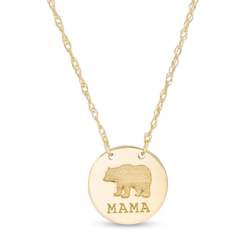 Mini "MAMA" Bear Stamped Disc Necklace in 14K Gold