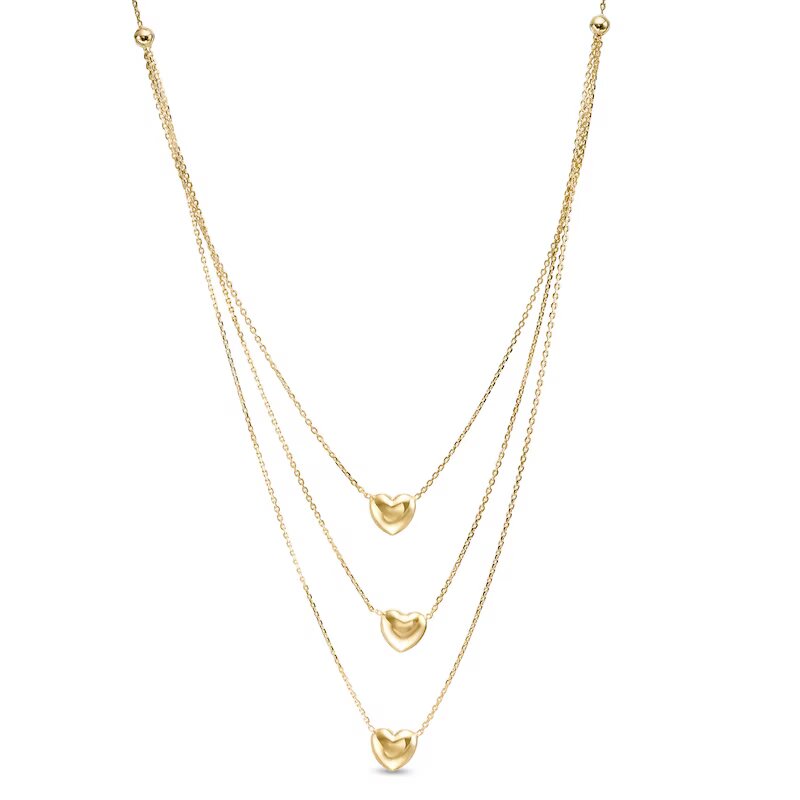 Puff Heart Triple Strand Necklace in 14K Gold