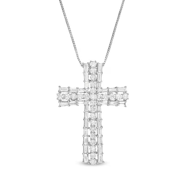 1-1/3 CT. T.W. Baguette and Round Diamond Cross Pendant in 10K White Gold