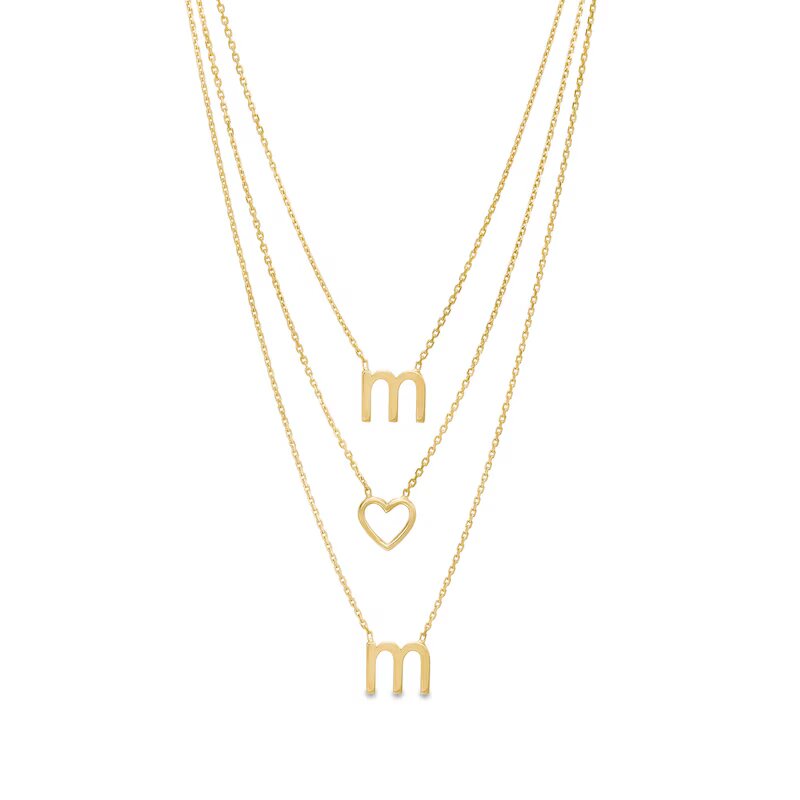 Linear "mom" Layered Triple Strand Necklace in 14K Gold