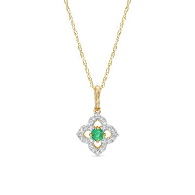 3.0mm Emerald and 1/10 CT. T.W. Diamond Open Petal Frame Drop Pendant in 10K Gold