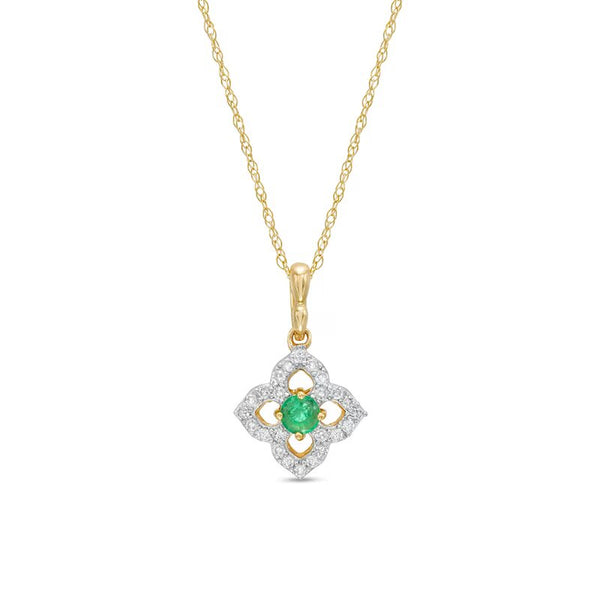 3.0mm Emerald and 1/10 CT. T.W. Diamond Open Petal Frame Drop Pendant in 10K Gold