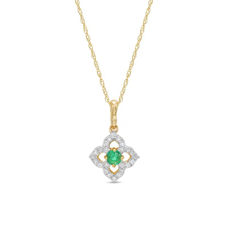 3.0mm Emerald and 1/10 CT. T.W. Diamond Open Petal Frame Drop Pendant in 10K Gold