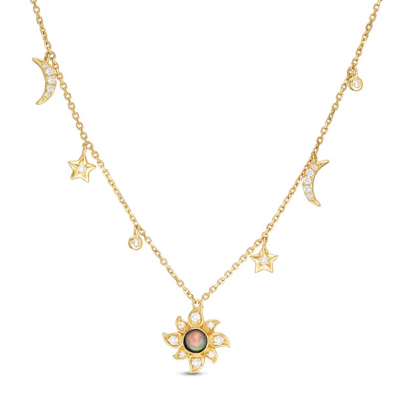 3.5mm Opal and 1/6 CT. T.W. Diamond Sun and Crescent Moon with Star Station Necklace in 10K Gold
