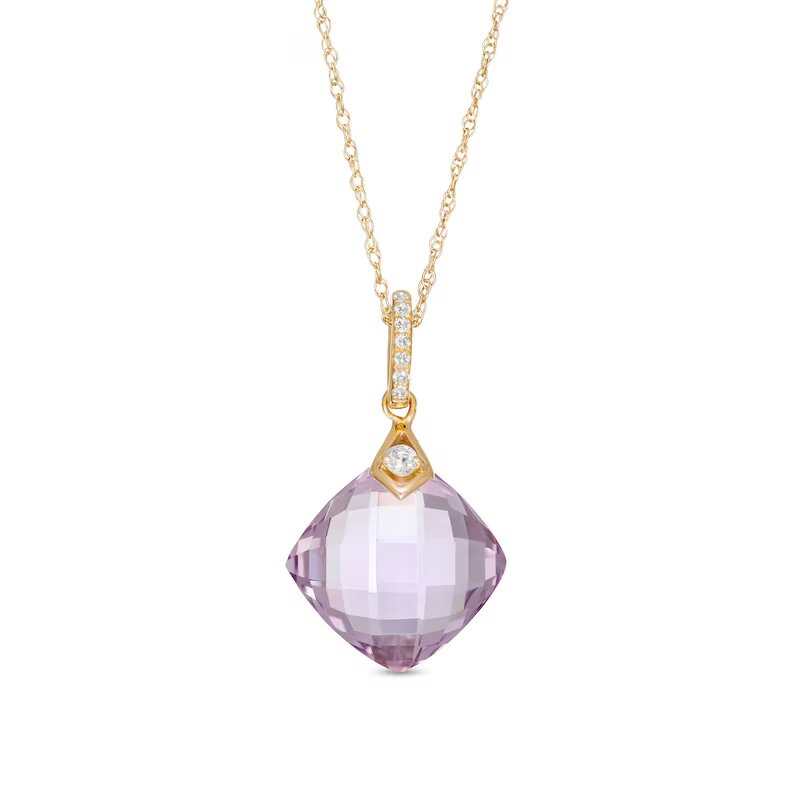 11.0mm Checkerboard Cushion-Cut Rose de France Amethyst and White Topaz Drop Pendant in 10K Gold