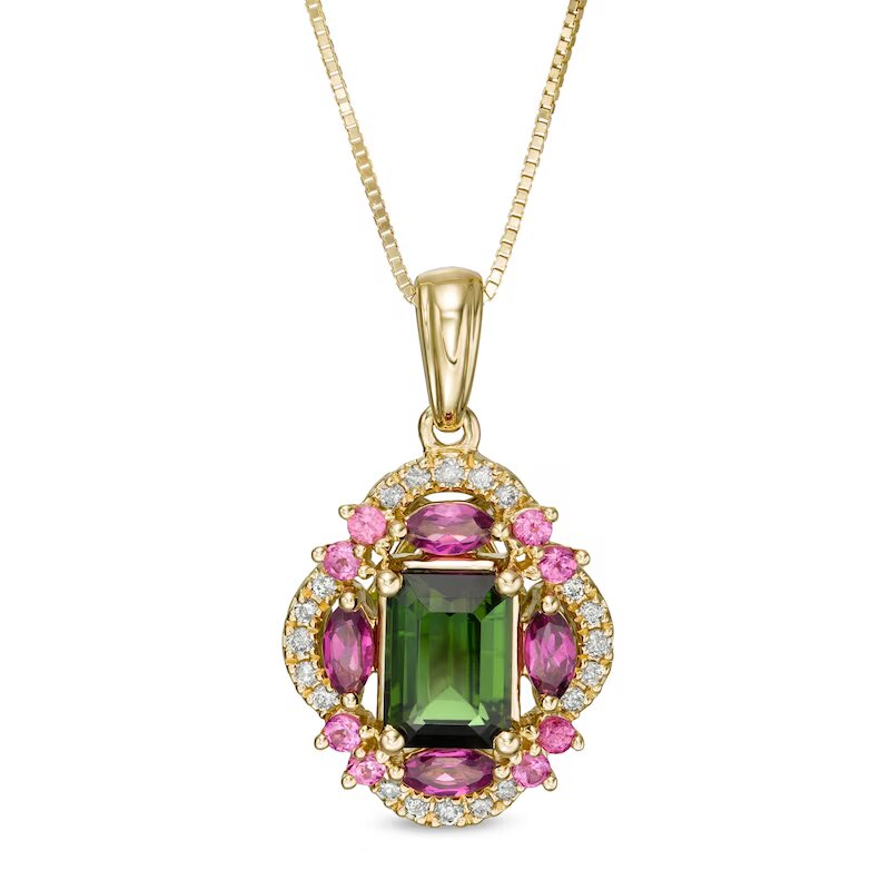 Captivating Color Emerald-Cut Green Tourmaline, Purple Garnet and 1/10 CT. T.W. Diamond Frame Pendant in 14K Gold