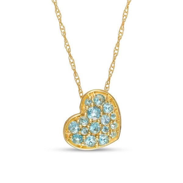 Swiss Blue Topaz Cluster Tilted Heart Pendant in 10K Gold