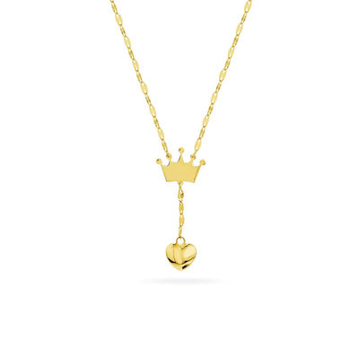 Child's Crown and Puff Heart Drop "Y" Necklace in 14K Gold - 15"