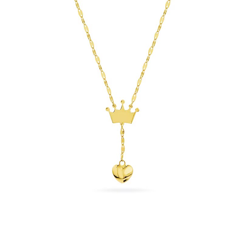 Child's Crown and Puff Heart Drop "Y" Necklace in 14K Gold - 15"
