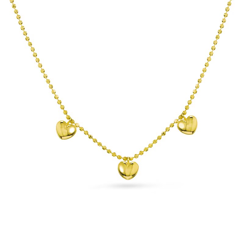 Child's Triple Puff Heart Dangle Station and Diamond-Cut Bead Chain Necklace in 14K Gold - 15