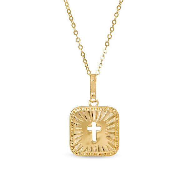 Cut-Out Cross Diamond-Cut Sunburst Square Medallion Pendant in 10K Gold