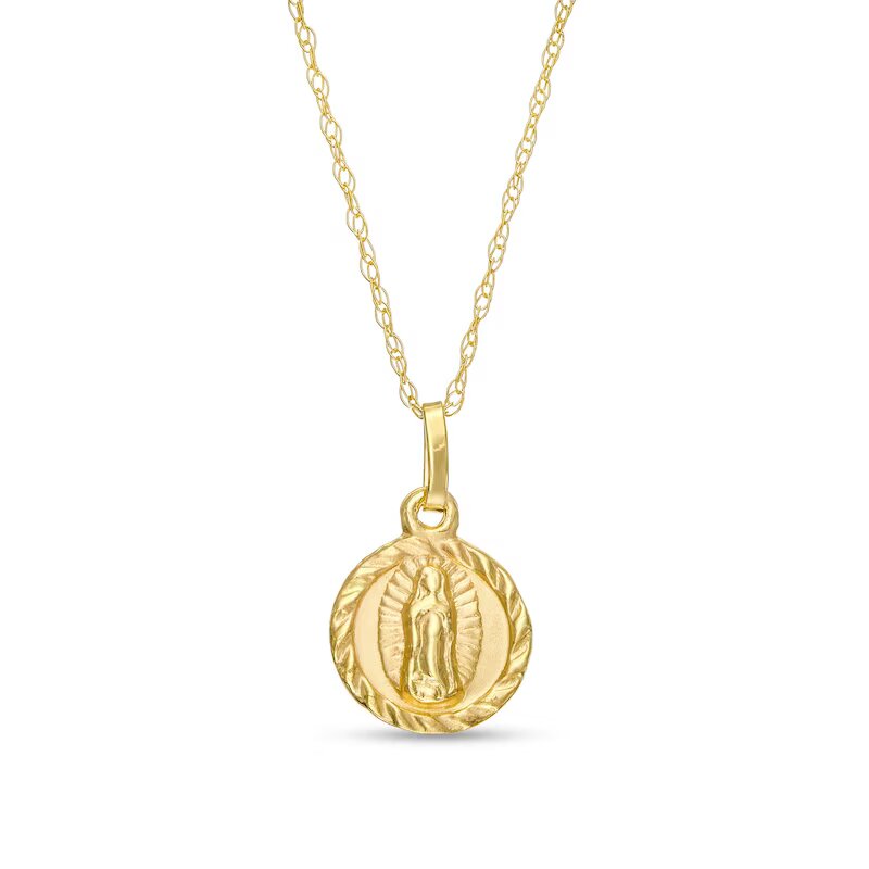 Child's Textured Frame Virgin Mary Medallion Pendant in 14K Gold – 15"