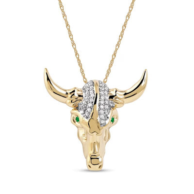 Men's Emerald and 1/10 CT. T.W. Diamond Bull Skull Pendant in 10K Gold – 22"