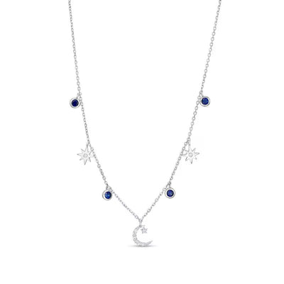 Blue Sapphire and 1/20 CT. T.W. Diamond Moon and Stars Station Necklace in 10K White Gold