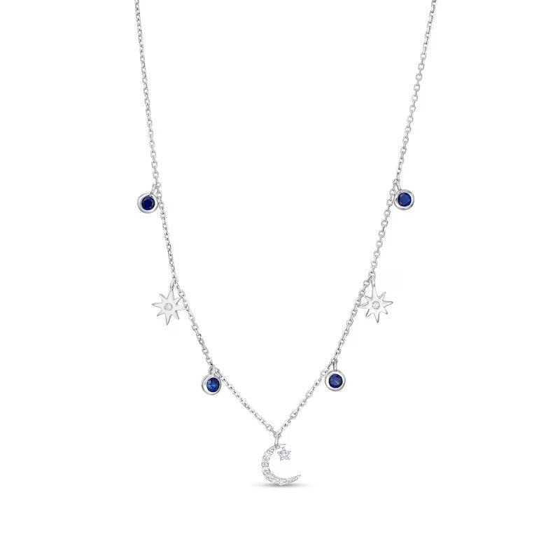 Blue Sapphire and 1/20 CT. T.W. Diamond Moon and Stars Station Necklace in 10K White Gold