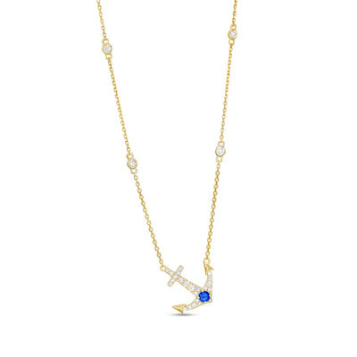 Blue Sapphire and 1/4 CT. T.W. Diamond Offset Anchor Necklace in 10K Gold