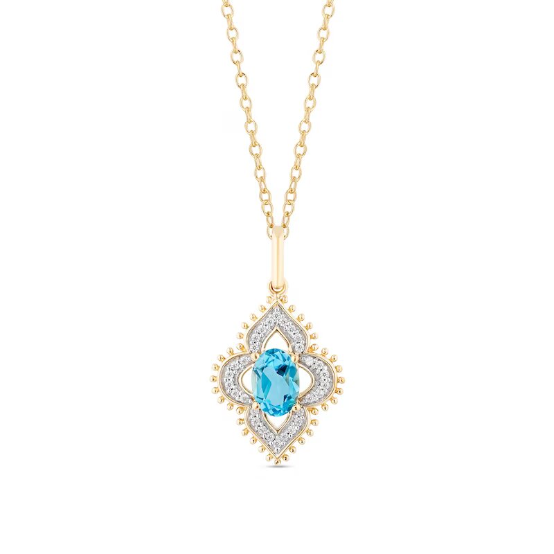 Enchanted Disney Jasmine Oval Swiss Blue Topaz and 1/10 CT. T.W. Diamond Beaded Ornate Frame Pendant in 10K Gold – 19"
