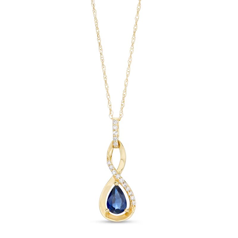 Pear-Shaped Blue Sapphire and 1/20 CT. T.W. Diamond Twist Pendant in 10K Gold