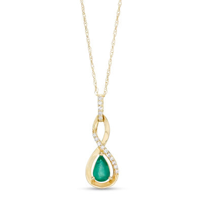 Pear-Shaped Emerald and 1/20 CT. T.W. Diamond Twist Pendant in 10K Gold