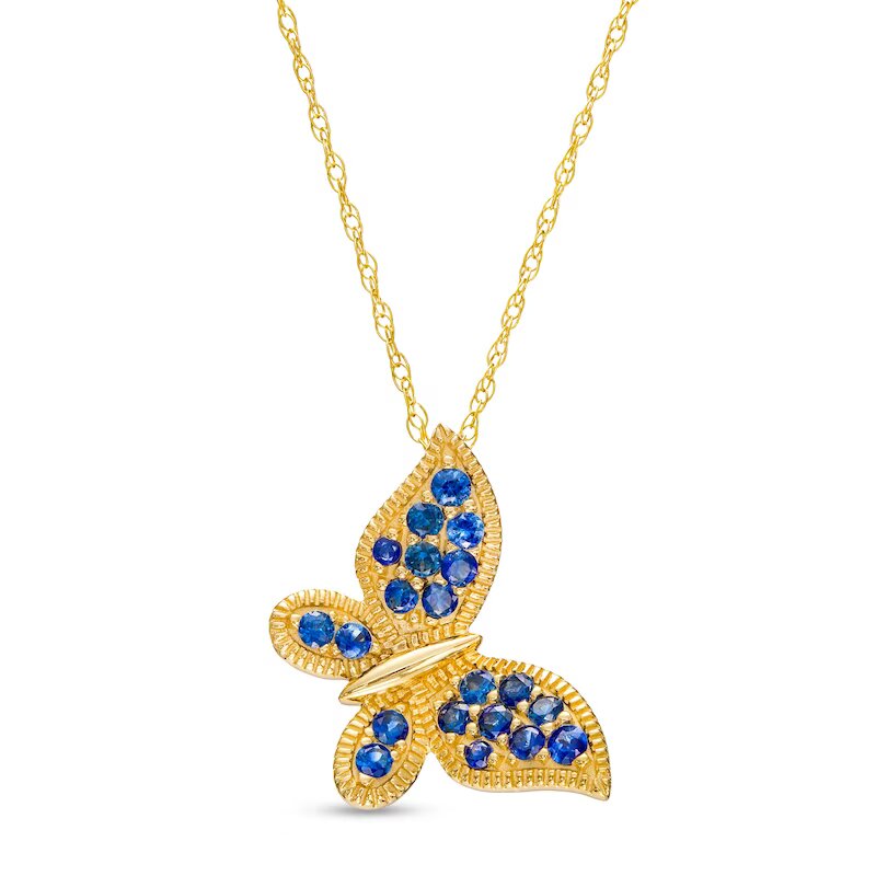 Blue Sapphire Tilted Vintage-Style Butterfly Pendant in 10K Gold