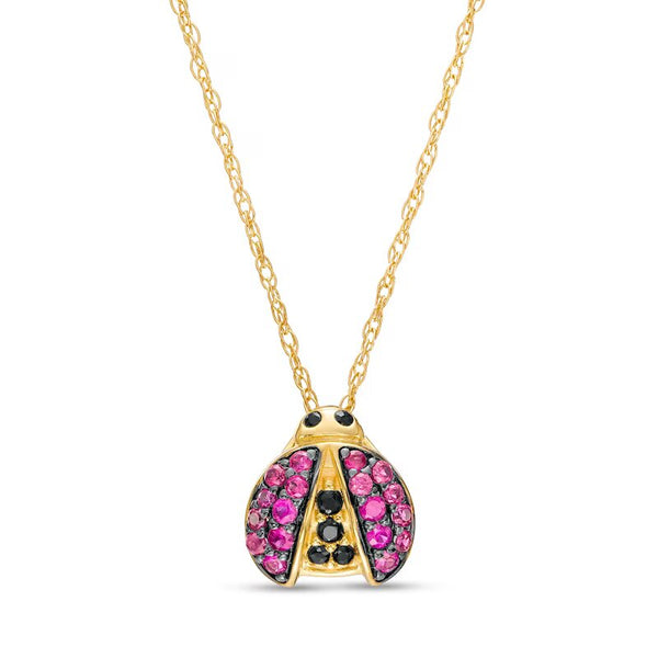 Ruby and Black Sapphire Ladybug Pendant in 10K Gold