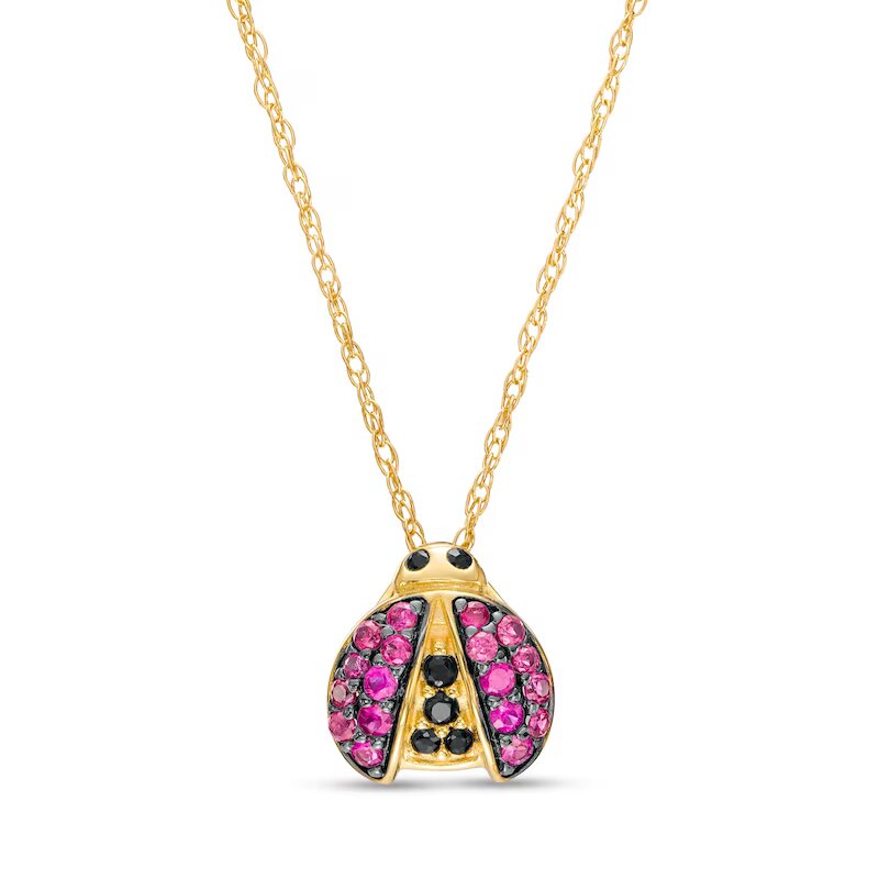 Ruby and Black Sapphire Ladybug Pendant in 10K Gold