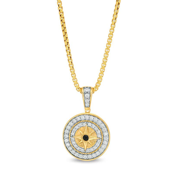 Men's 3/4 CT. T.W. Black and White Diamond Compass Medallion Pendant in 10K Gold - 22"