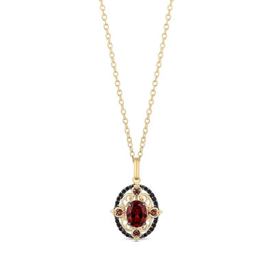 Enchanted Disney Villains Evil Queen Oval Garnet and 1/6 CT. T.W. Black Diamond Ornate Pendant in 10K Gold – 19"