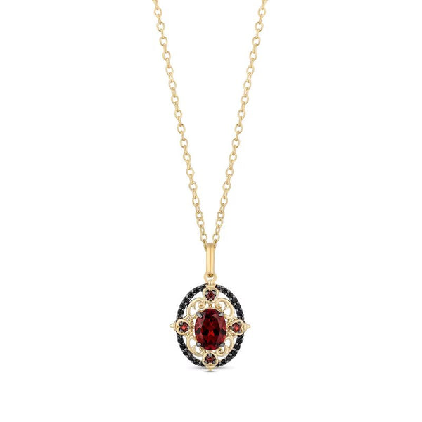 Enchanted Disney Villains Evil Queen Oval Garnet and 1/6 CT. T.W. Black Diamond Ornate Pendant in 10K Gold – 19"