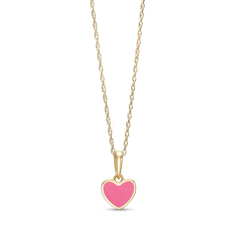 Child's Pink Enamel Heart Pendant in 14K Gold – 15"