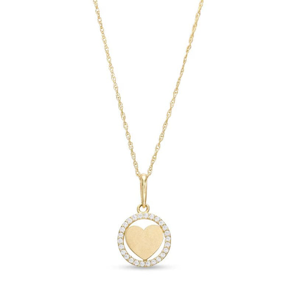 Child's Cubic Zirconia Frame Open Circle with Heart Pendant in 14K Gold – 15"