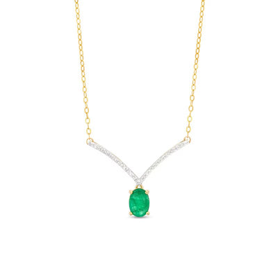 Oval Emerald and 1/15 CT. T.W. Diamond Chevron Necklace in 10K Gold – 17"