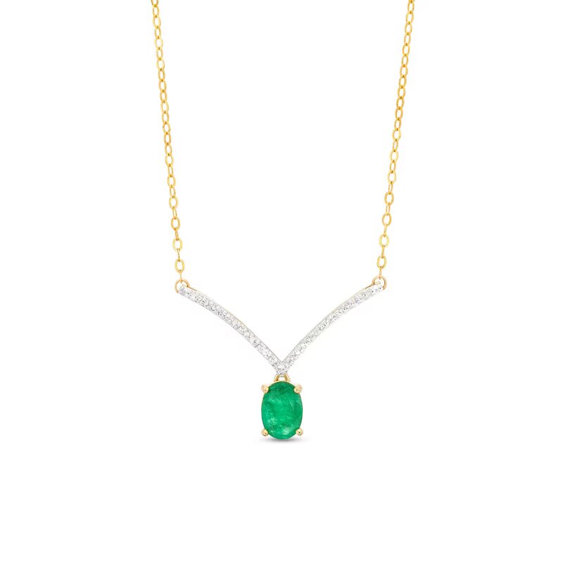 Oval Emerald and 1/15 CT. T.W. Diamond Chevron Necklace in 10K Gold – 17"