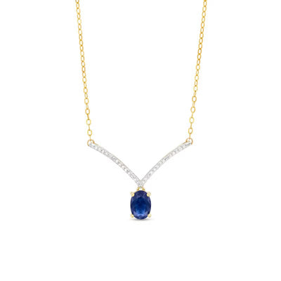 Oval Blue Sapphire and 1/15 CT. T.W. Diamond Chevron Necklace in 10K Gold – 17"