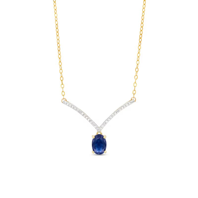 Oval Blue Sapphire and 1/15 CT. T.W. Diamond Chevron Necklace in 10K Gold – 17"