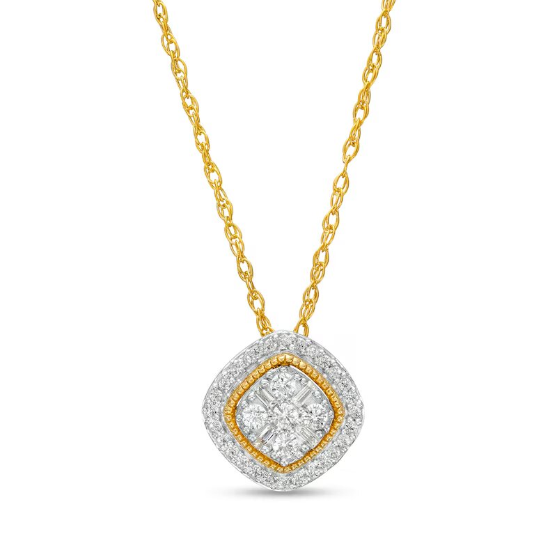 1/5 CT. T.W. Cushion-Shaped Multi-Diamond Frame Tilted Pendant in 10K Gold