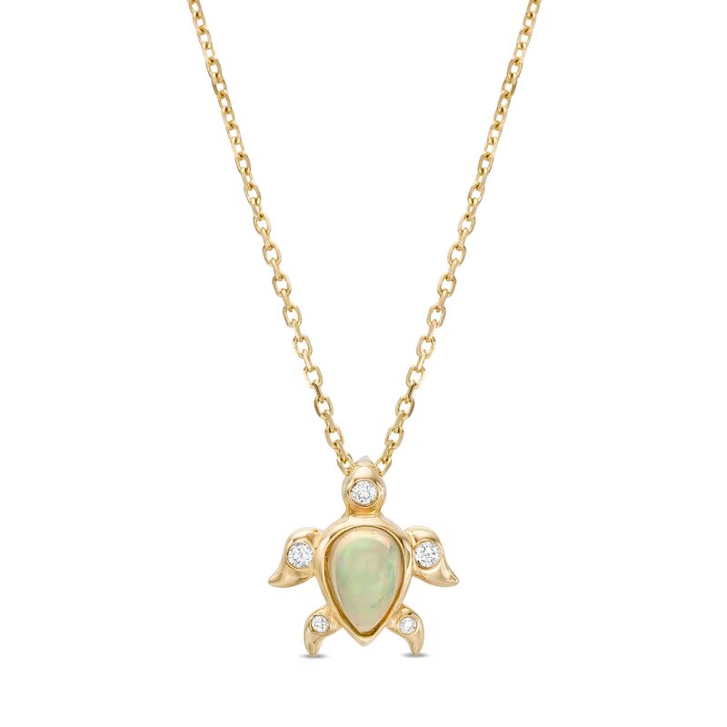 Pear-Shaped Opal and 1/20 CT. T.W. Diamond Turtle Pendant in 10K Gold