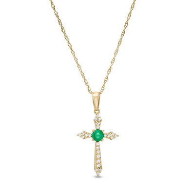 3.0mm Emerald and 1/15 CT. T.W. Diamond Cross Pendant in 10K Gold