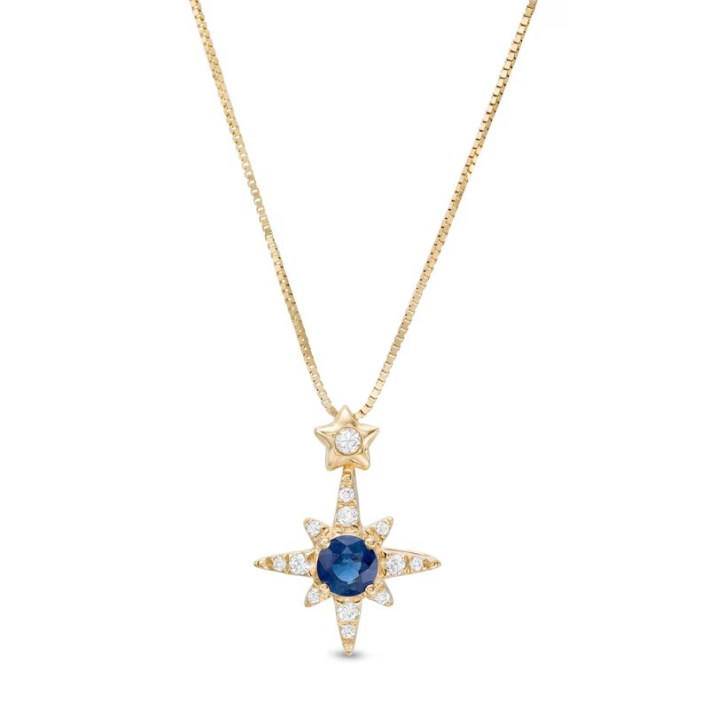 4.0mm Blue Sapphire and 1/10 CT. T.W. Diamond Double Star Pendant in 10K Gold
