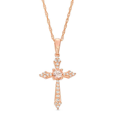 3.0mm Morganite and 1/15 CT. T.W. Diamond Pointed Cross Pendant in 10K Rose Gold